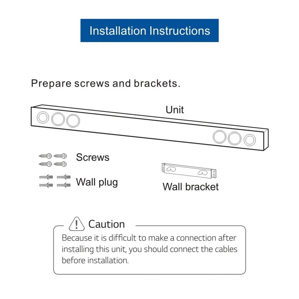 Installation instructions diagram showing screws, wall plugs, and wall bracket parts