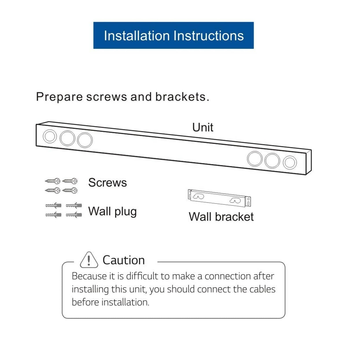 Installation instructions diagram showing screws, wall plugs, and wall bracket parts