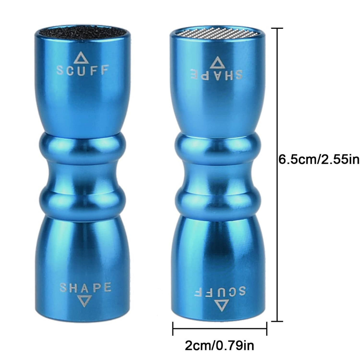 Blue cue tip scuffer and shaper attachments with printed size markings