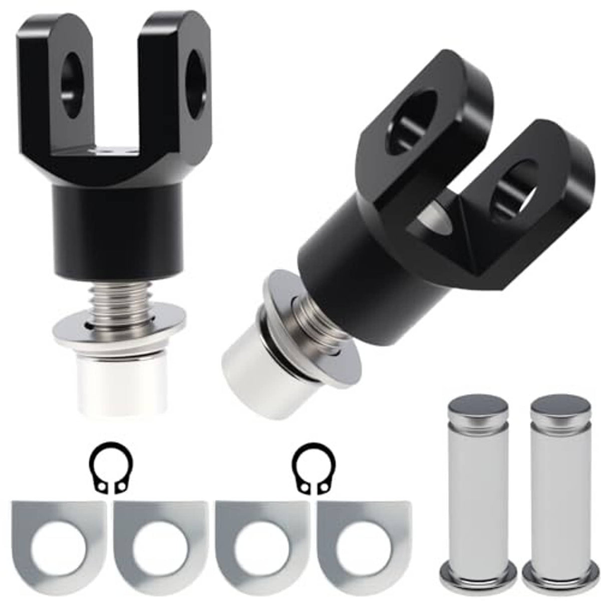 Black motorcycle footrest mount supports with clevis brackets, bolts, and washer rings