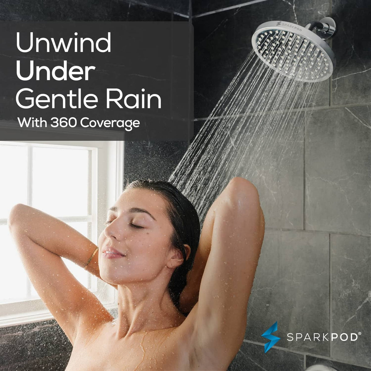 360 coverage rain shower head with steady overhead water stream