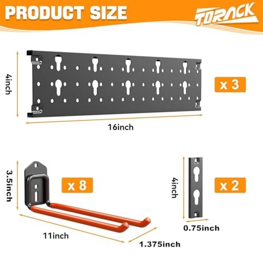 Metal wall panel tool organizer with measured hook bar lengths and mounting brackets