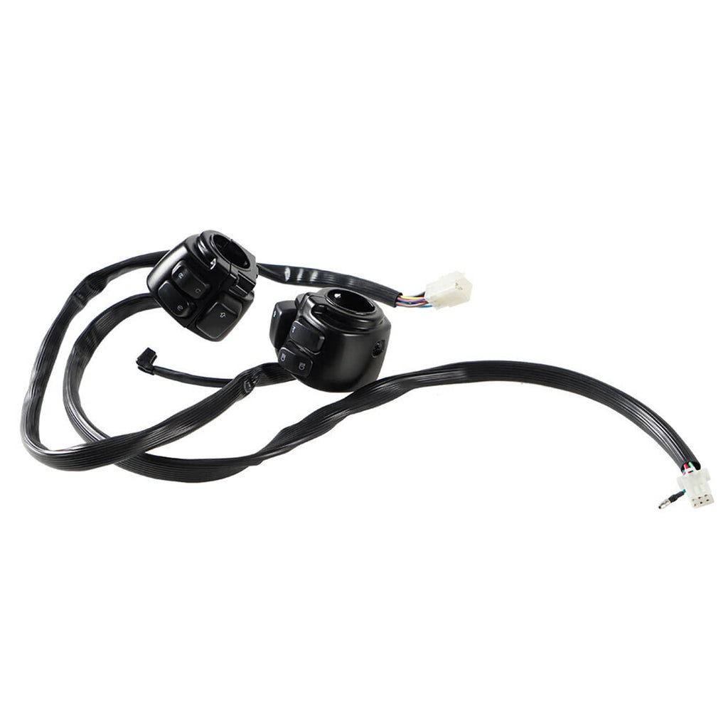 Black handlebar switch pair with wiring harness and connected plug leads