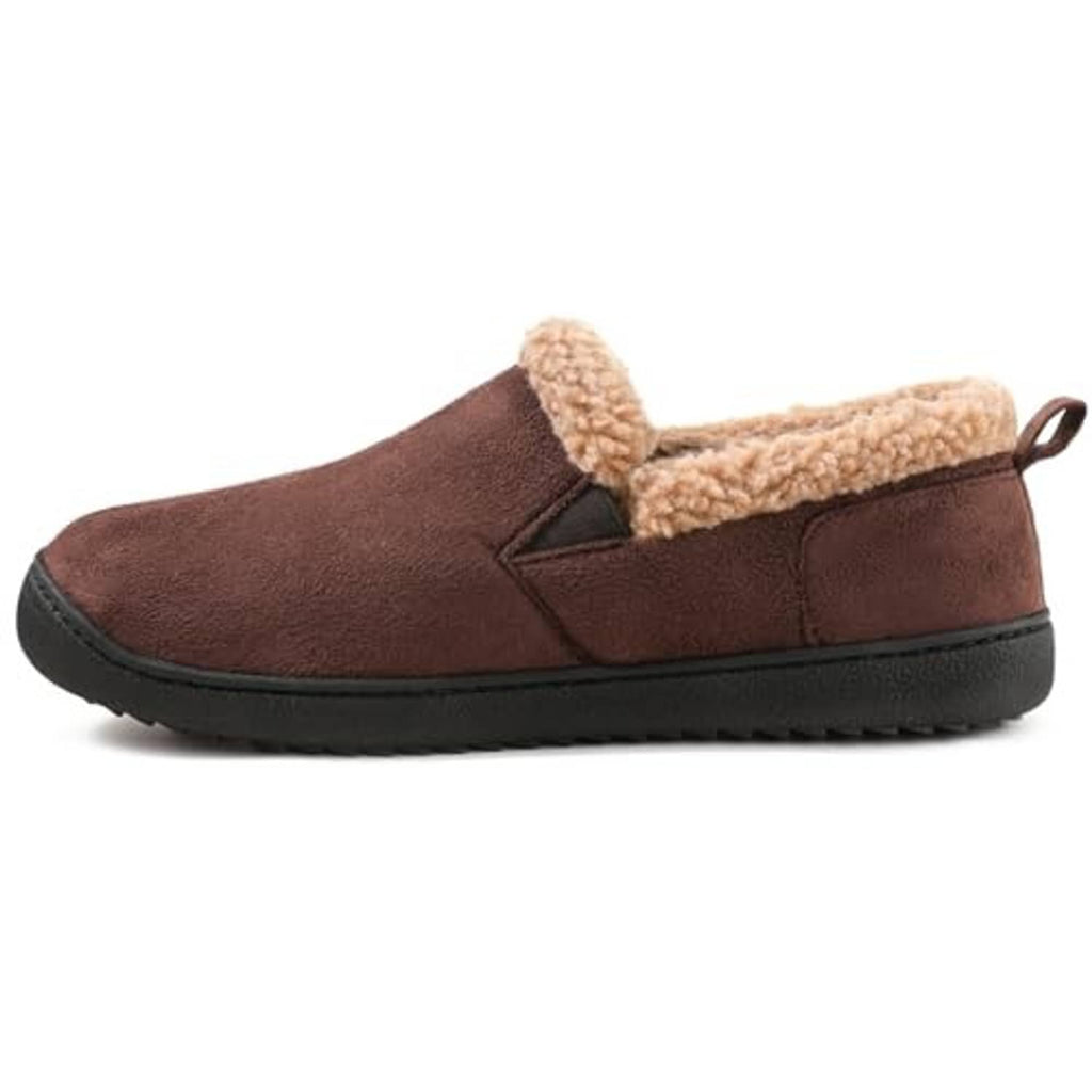 Brown bootie slippers with beige fuzzy collar and dark rubber sole