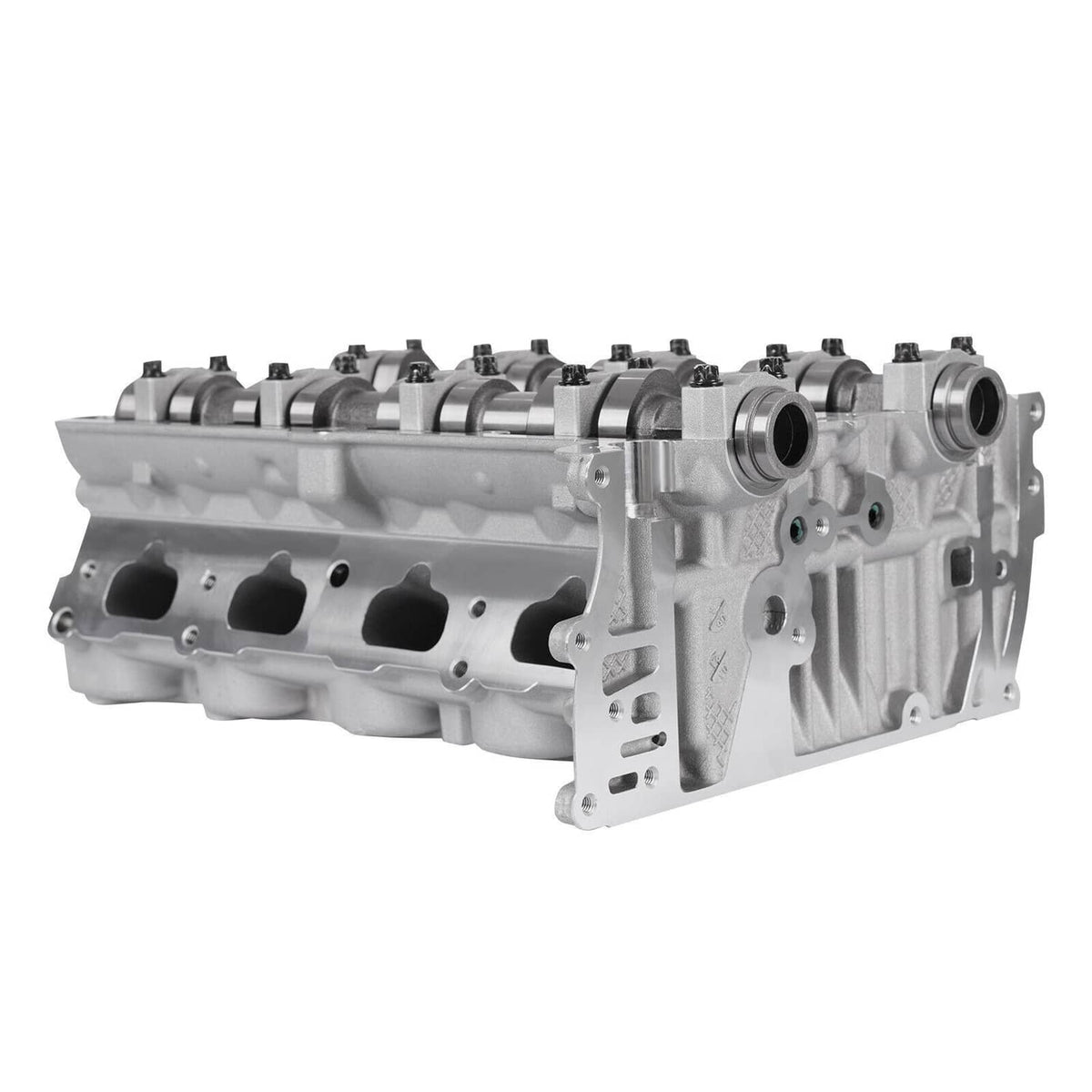 Cylinder head side view with camshaft lobes and machined openings, silver