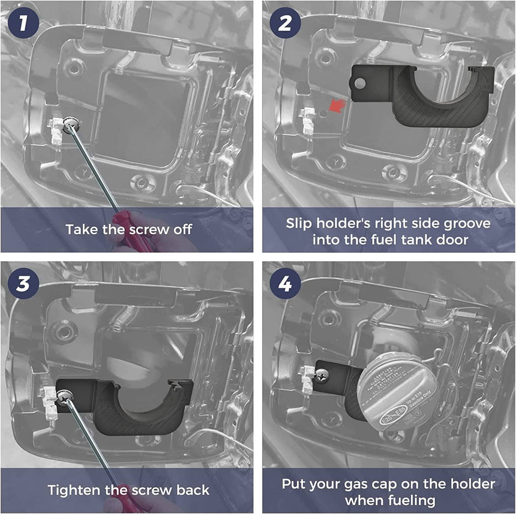 Step-by-step installation view of black gas cap holder trim on vehicle door