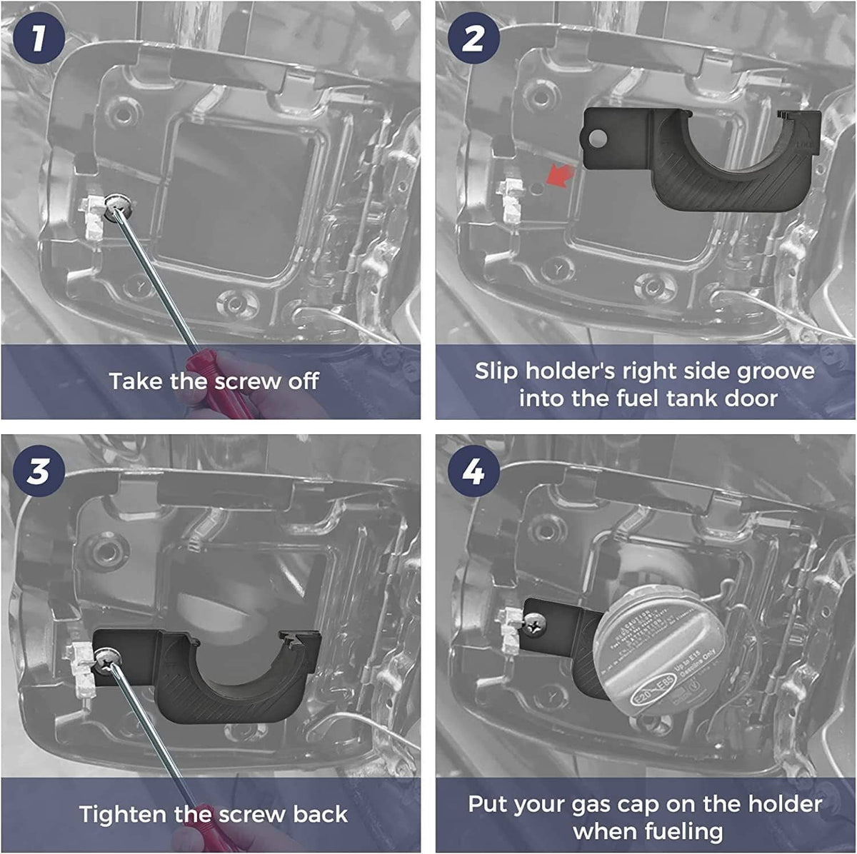 Step-by-step installation view of black gas cap holder trim on vehicle door