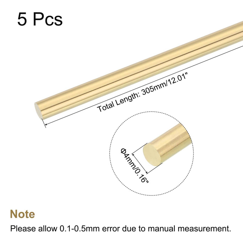 Brass round rod stock, 4mm diameter and 305mm length, 5-pack