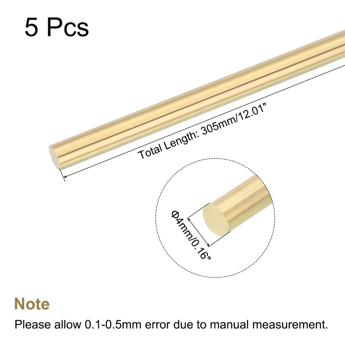 Brass round rod stock, 4mm diameter and 305mm length, 5-pack