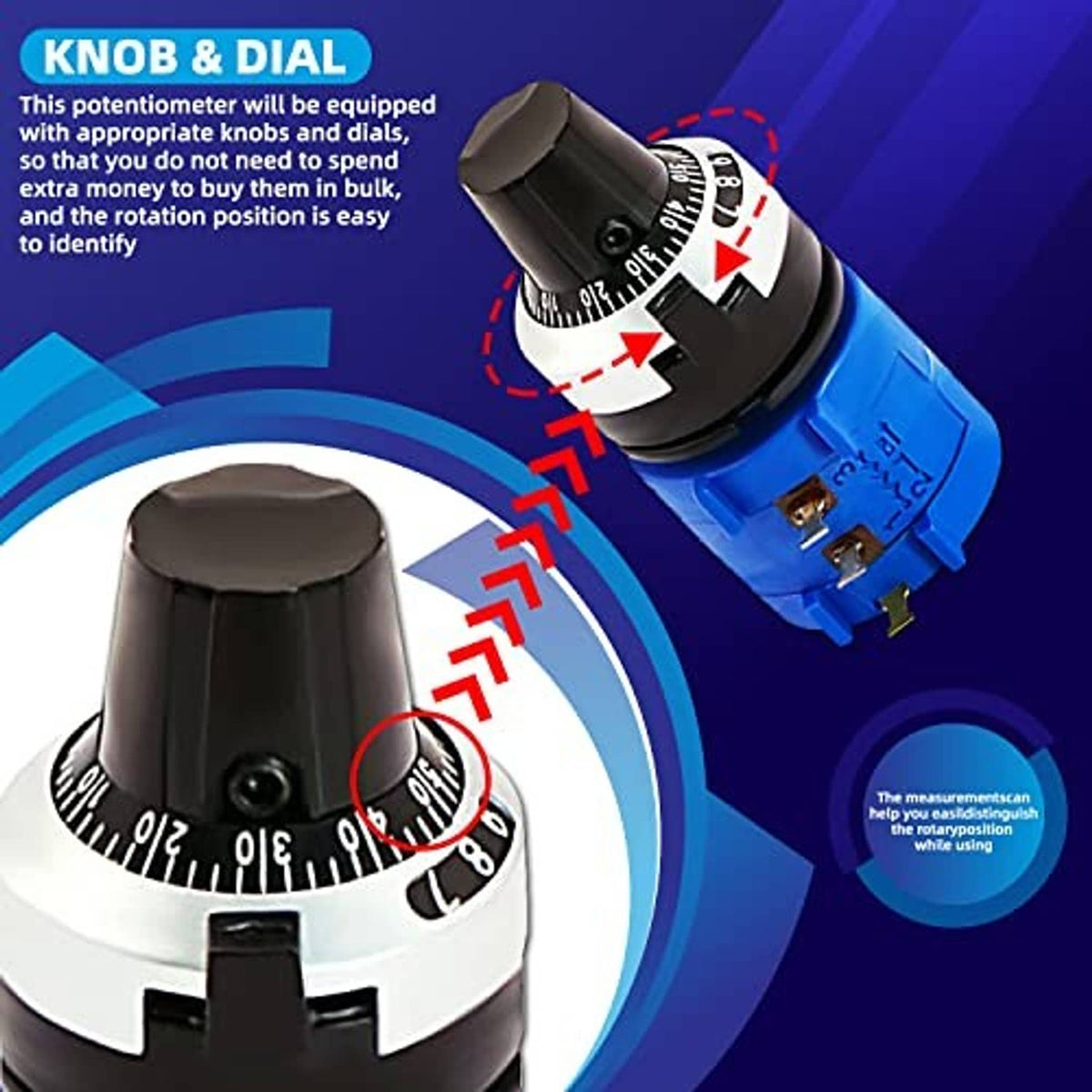 Blue potentiometer with black knob and numbered dial for easy multi-turn adjustment