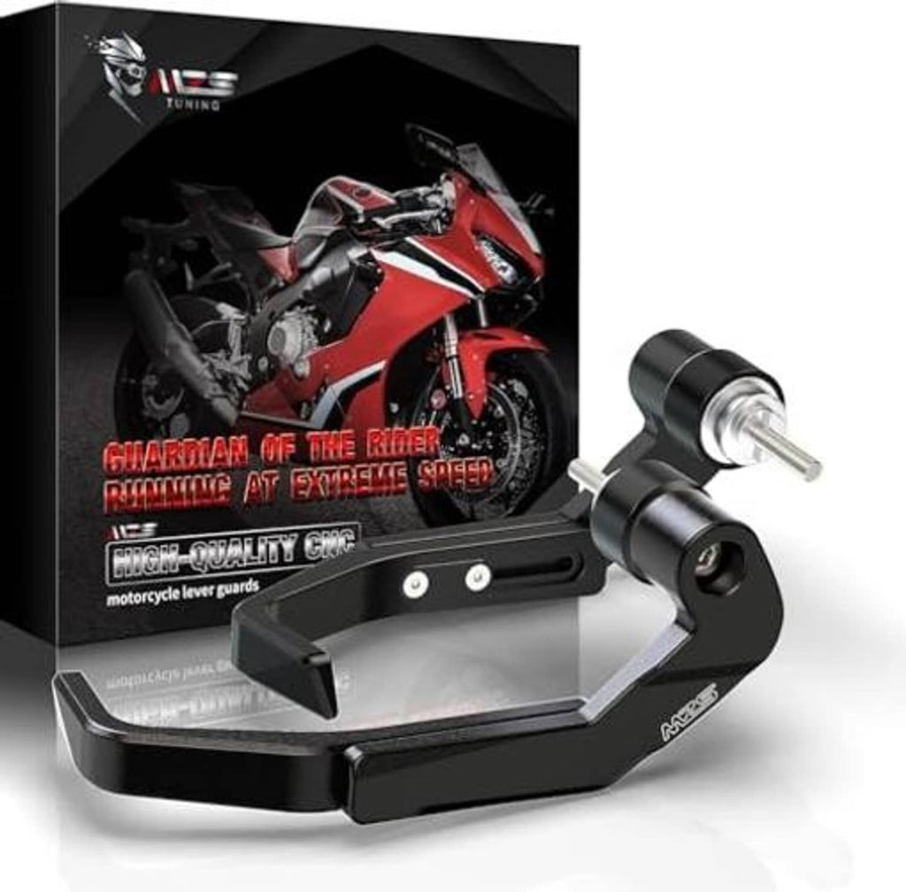 Black motorcycle lever guard set, curved guard profile with two mounting holes