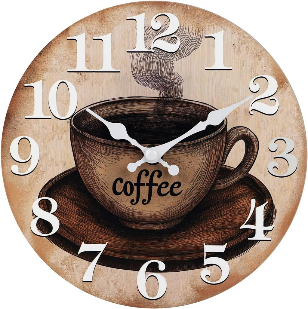 Front view round coffee wall clock with coffee cup illustration, Arabic numerals, and white hands