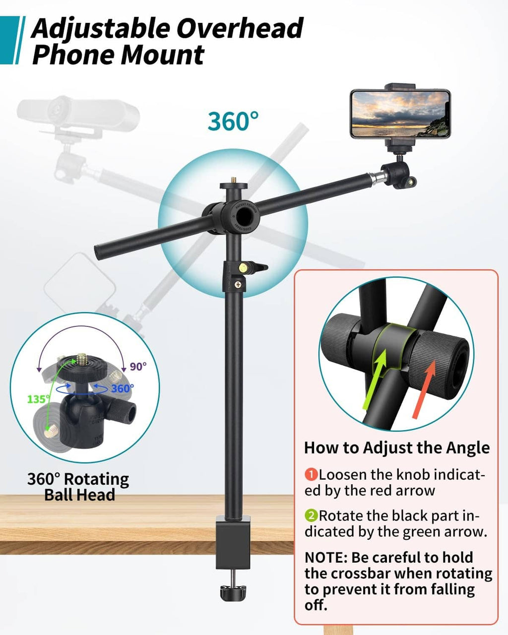 Overhead phone mount with rotating ball head and adjustable arm, black.