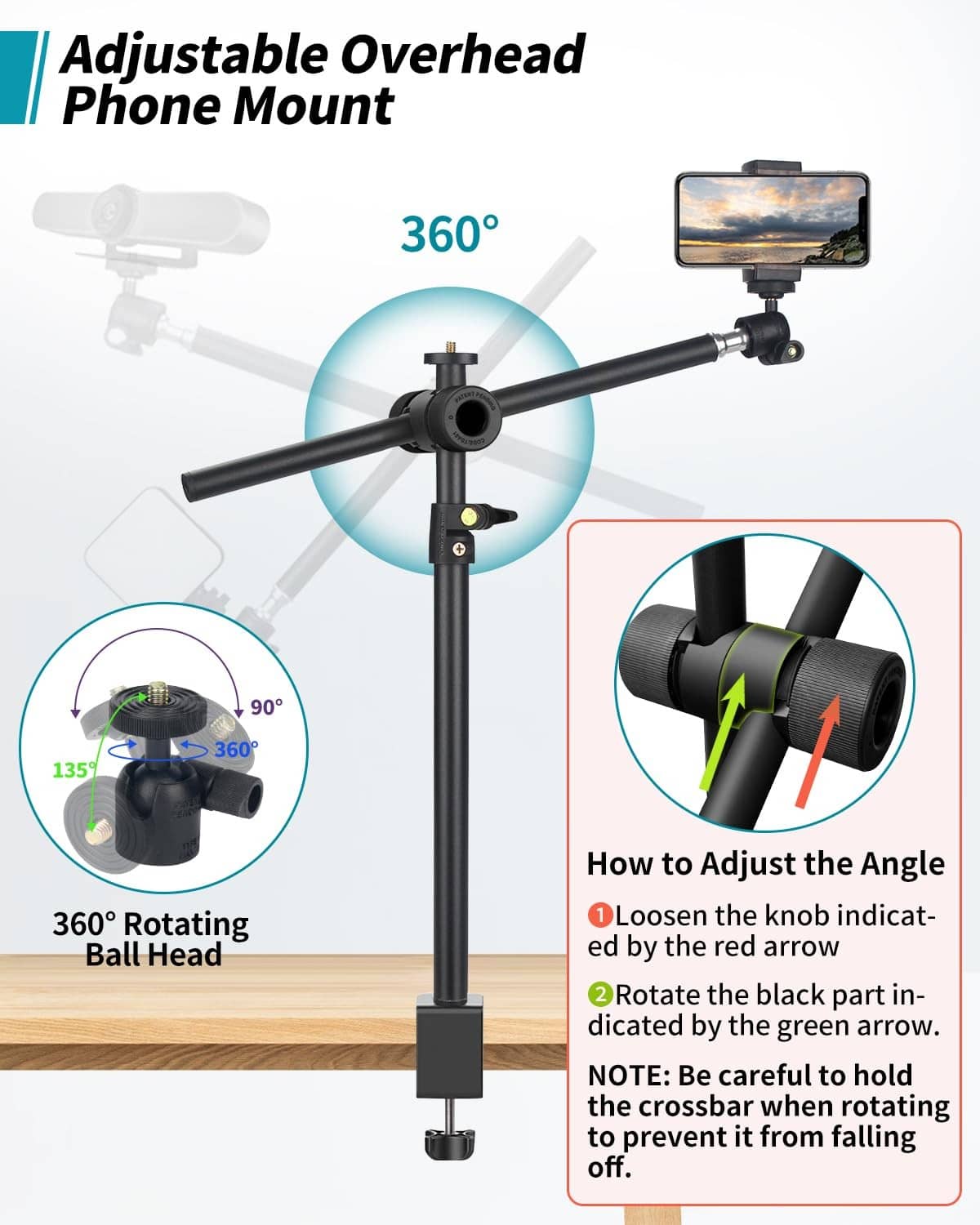 Overhead phone mount with rotating ball head and adjustable arm, black.