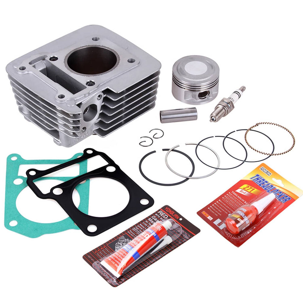 Motorcycle cylinder kit with piston, piston rings, head gasket, and valve-related parts