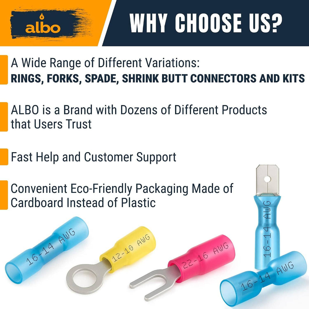 Heat shrink connector kit sleeves with ring terminals and sizes, eco-friendly cardboard tag