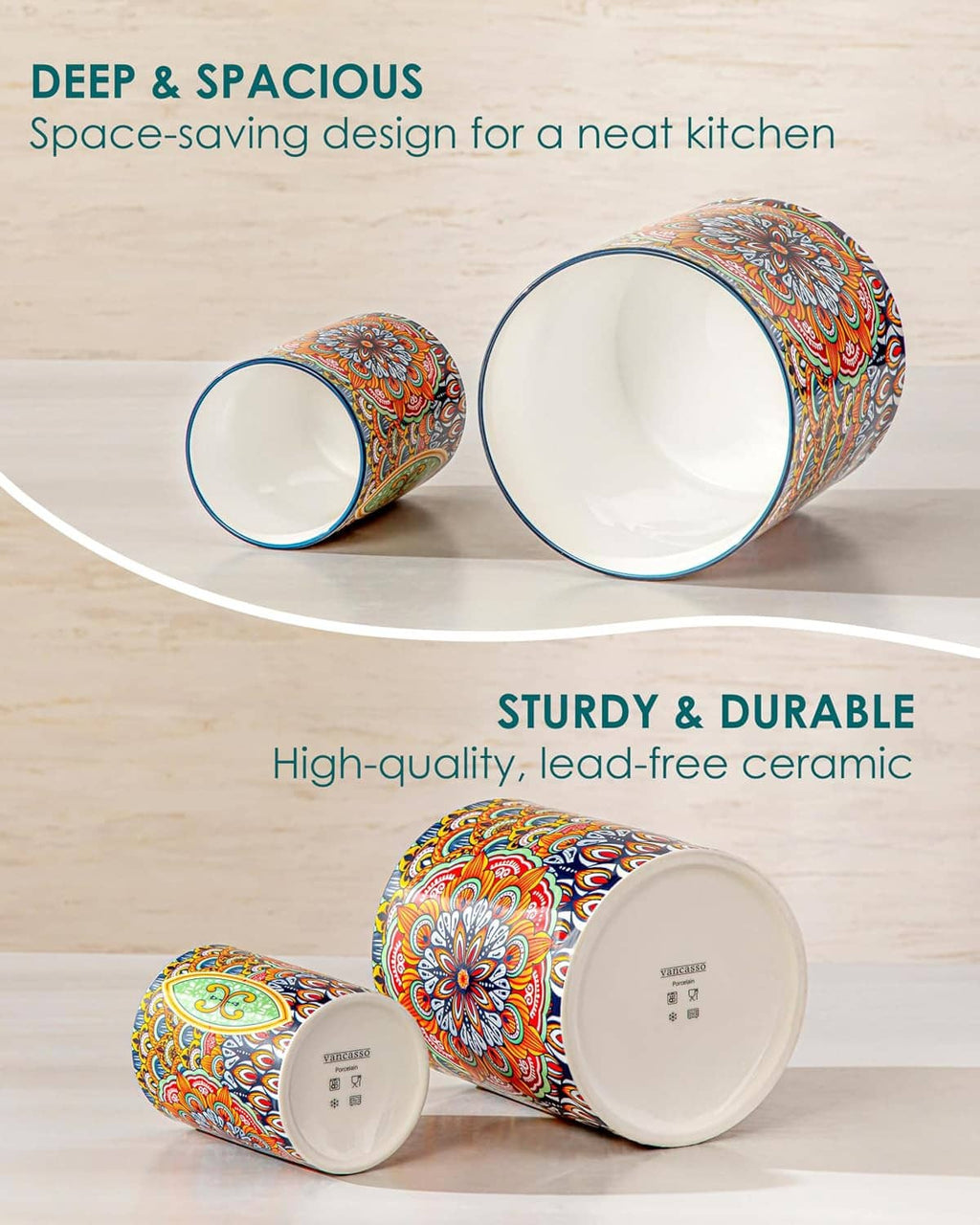 Set of two ceramic utensil holders with blue-trim openings and colorful floral mandala design