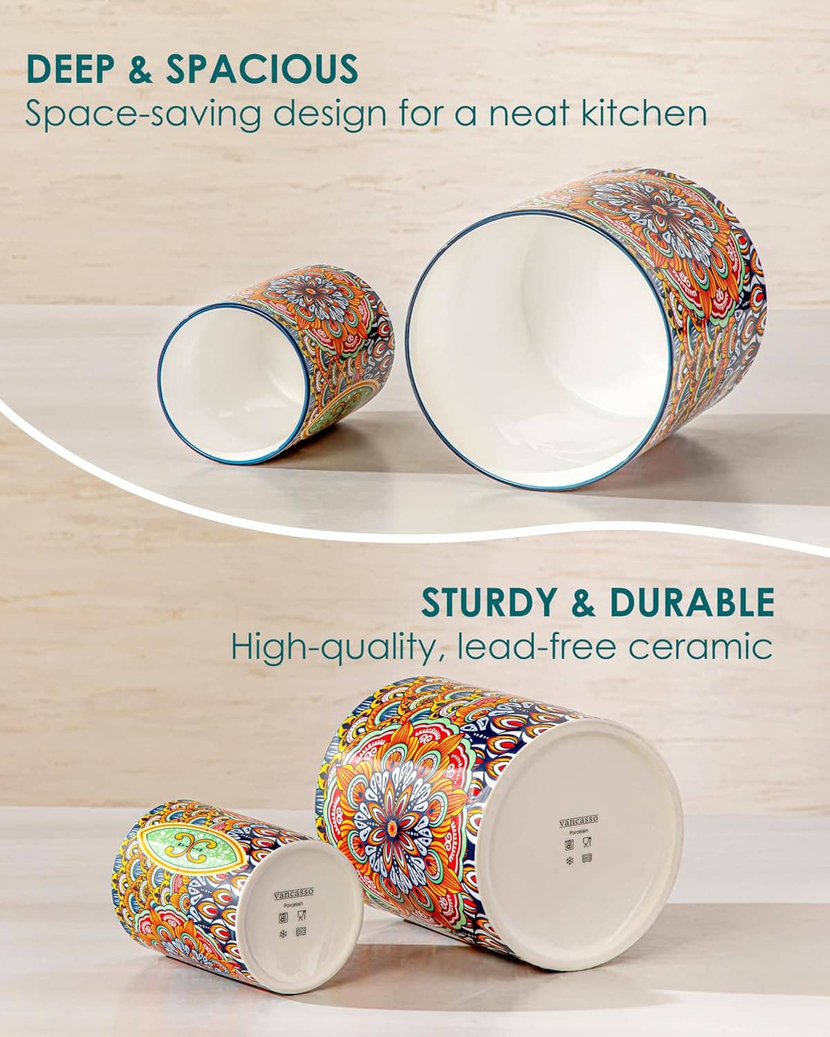 Set of two ceramic utensil holders with blue-trim openings and colorful floral mandala design