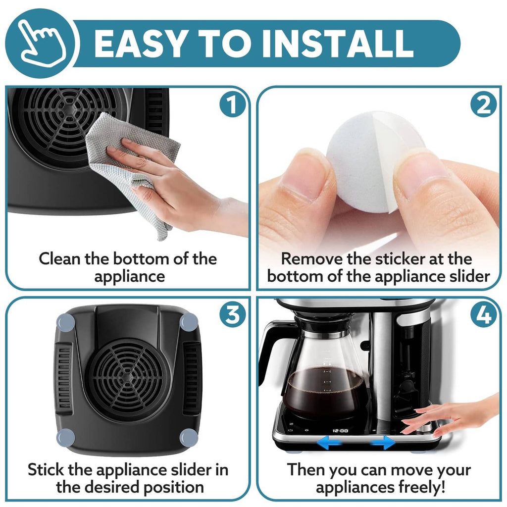 Appliance slider installation steps: clean, peel, stick, then move freely