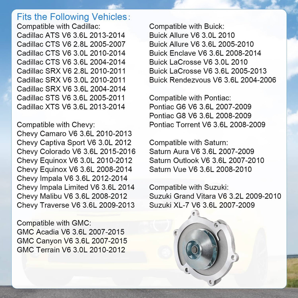 Water pump product listing with compact pump image and part number reference