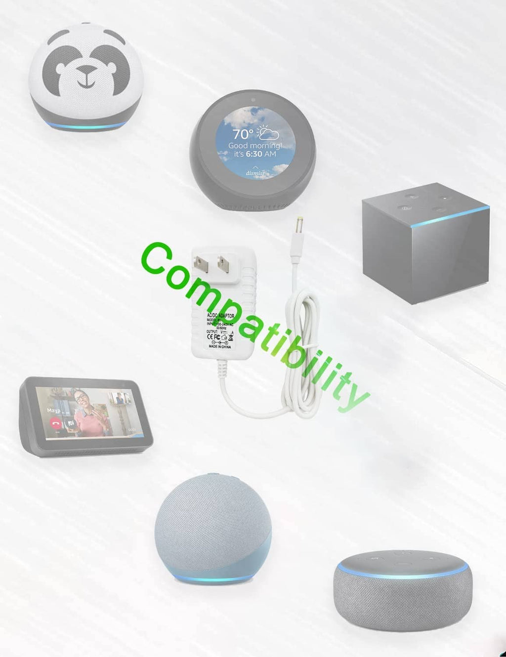 Power adapter and white charging cable kit shown with compatibility icons
