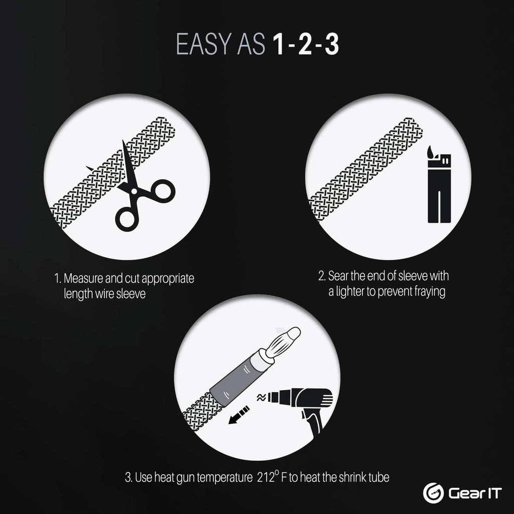 Black expandable sleeve instructions diagram: measure, seal with heat, prevent fraying