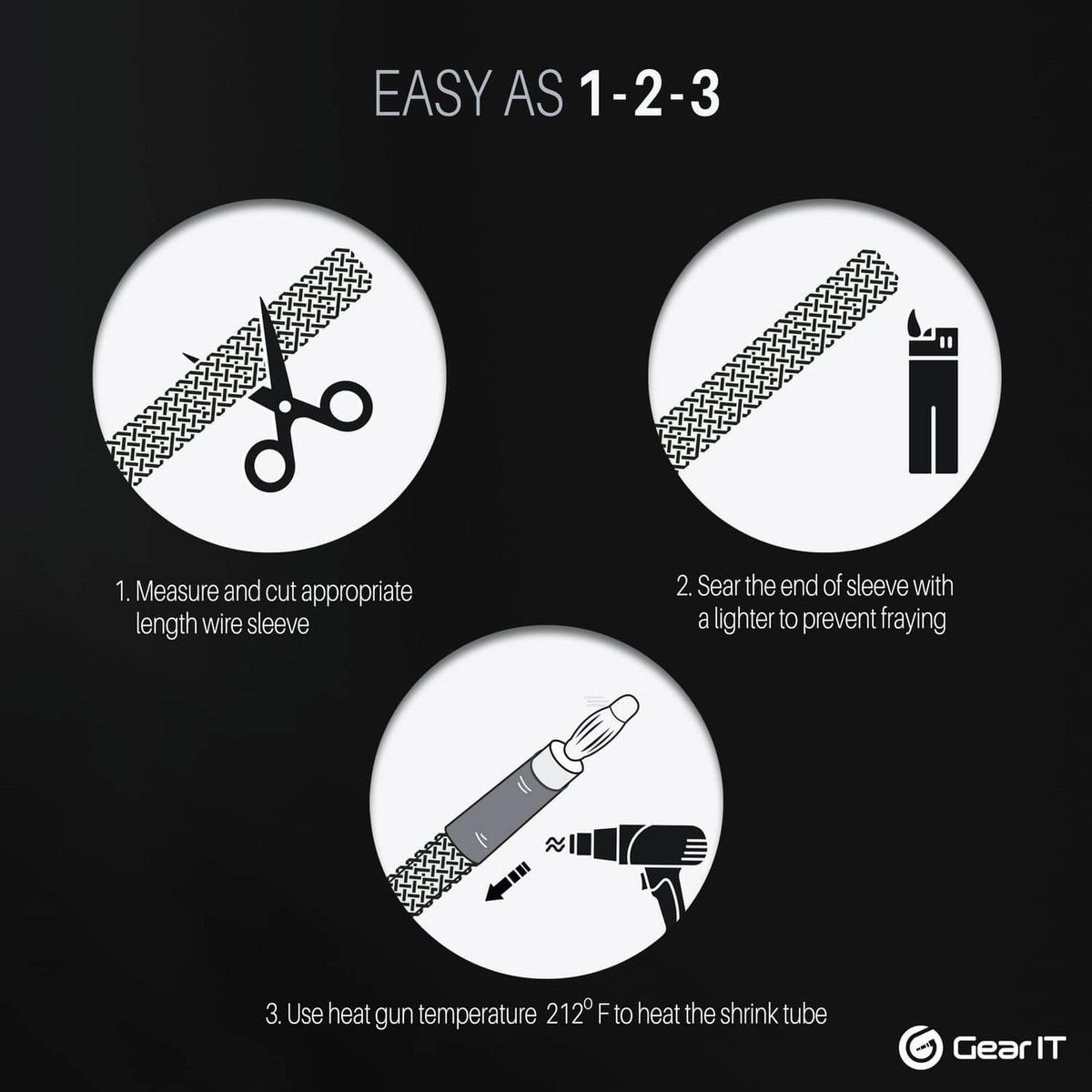 Black expandable sleeve instructions diagram: measure, seal with heat, prevent fraying