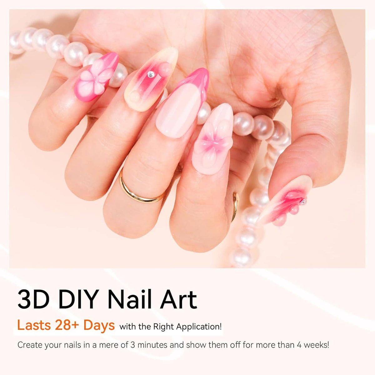 3D gel nail art on fingers, pastel pink nails with pearl and bow embellishments