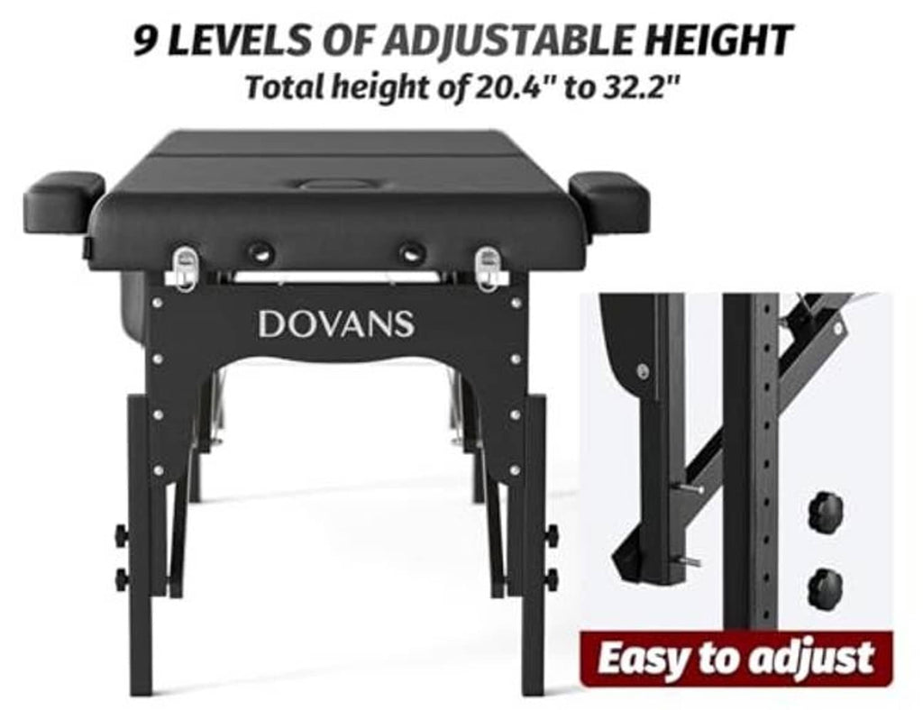 Adjustable height massage table with black padded top and sturdy folding legs