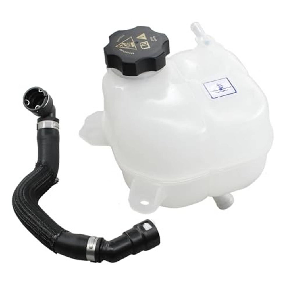 Coolant expansion tank with black heater hose, white reservoir and warning cap