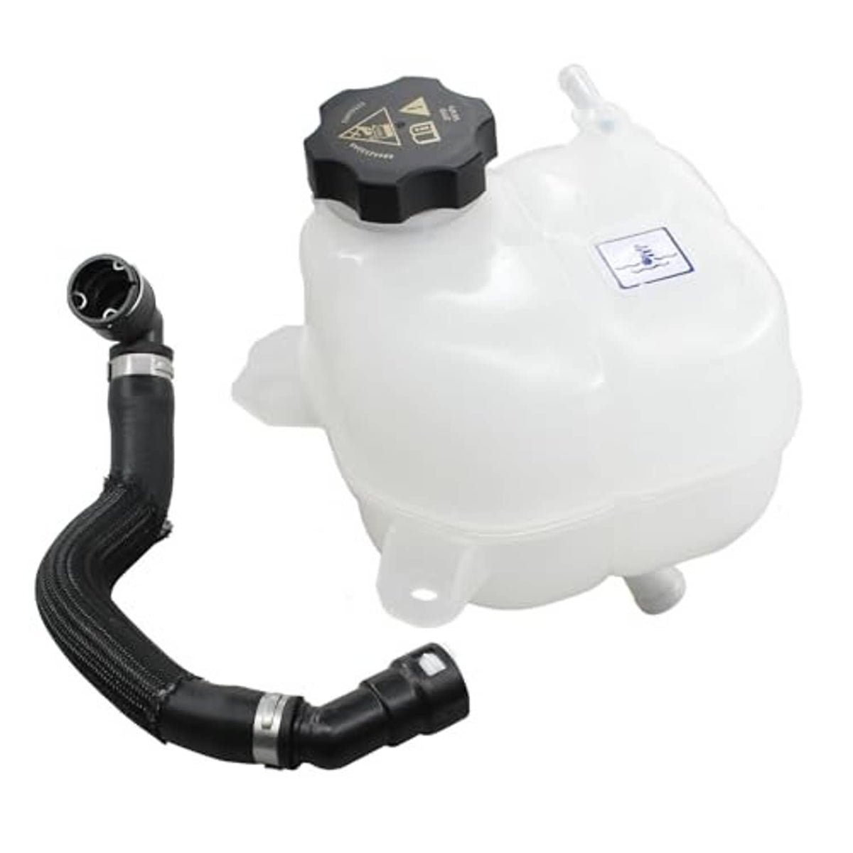 Coolant expansion tank with black heater hose, white reservoir and warning cap