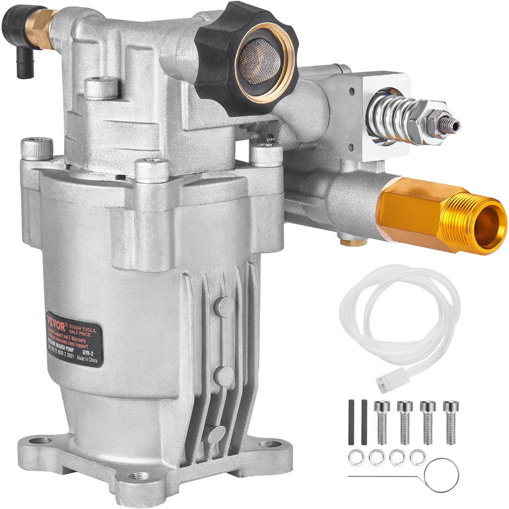 Pressure washer pump with gold outlet fitting and black inlet screen, silver metal body