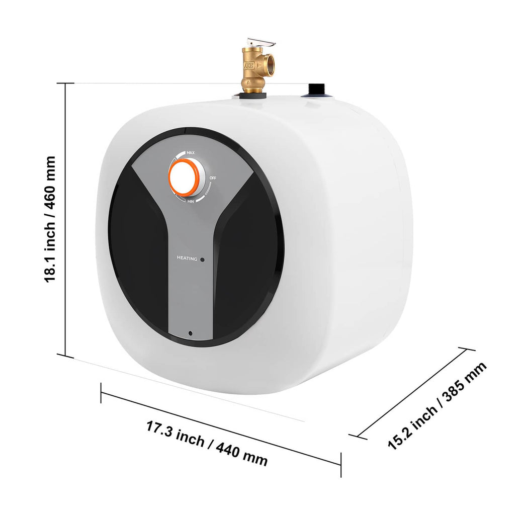 Compact electric mini tank water heater front view with orange temperature control dial