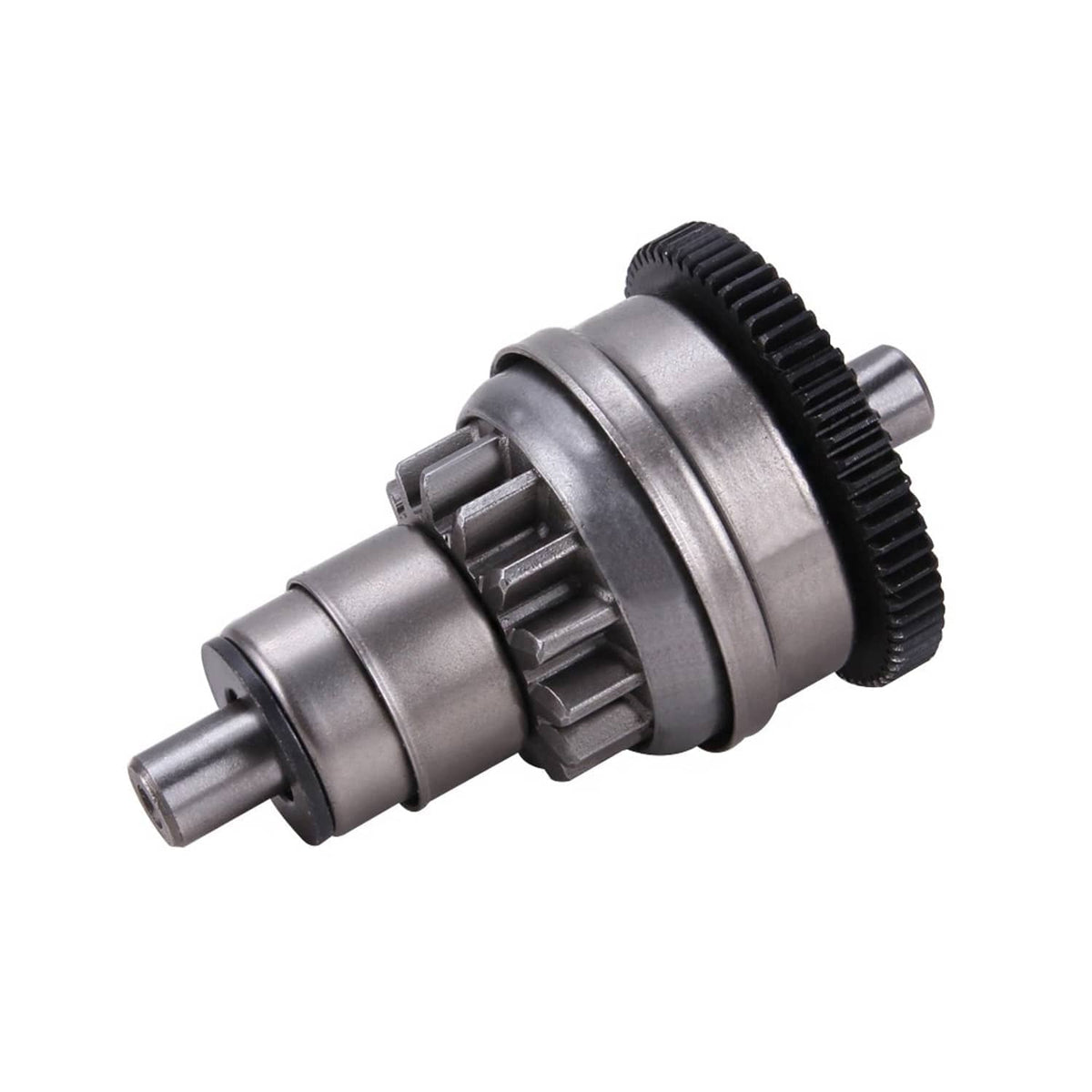 Starter clutch gear assembly, silver housing with black toothed ring and axle shaft