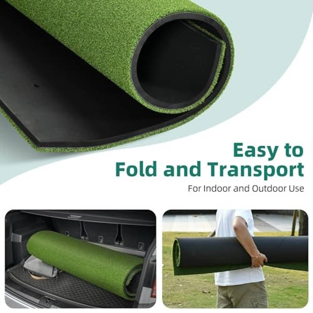 Rolled green golf hitting mat with black non-slip bottom