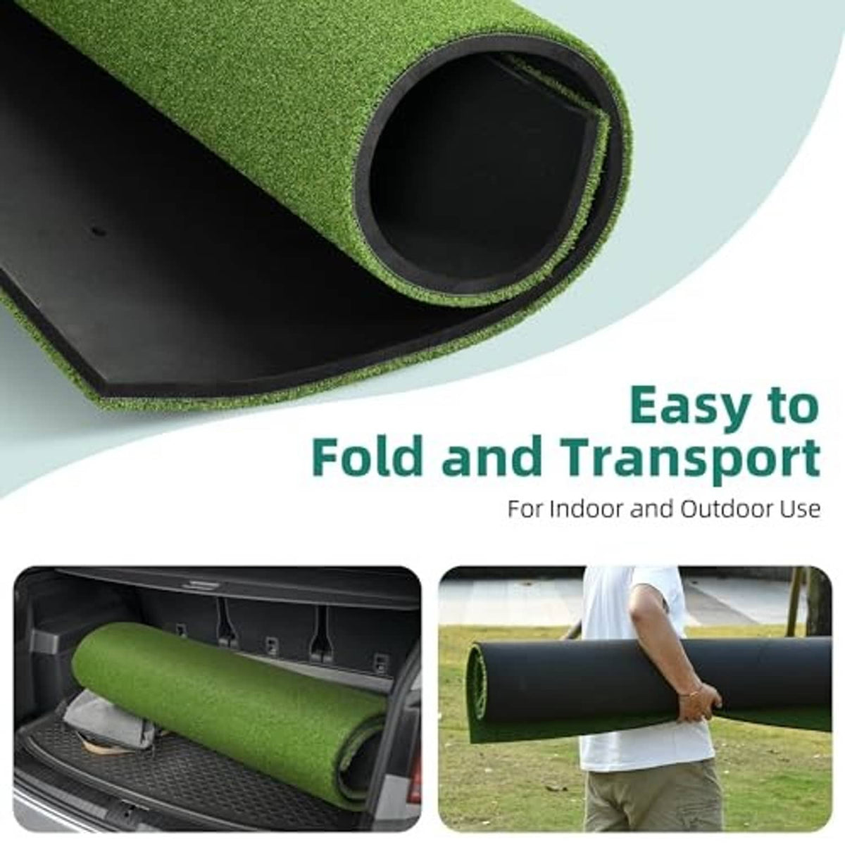 Rolled green golf hitting mat with black non-slip bottom