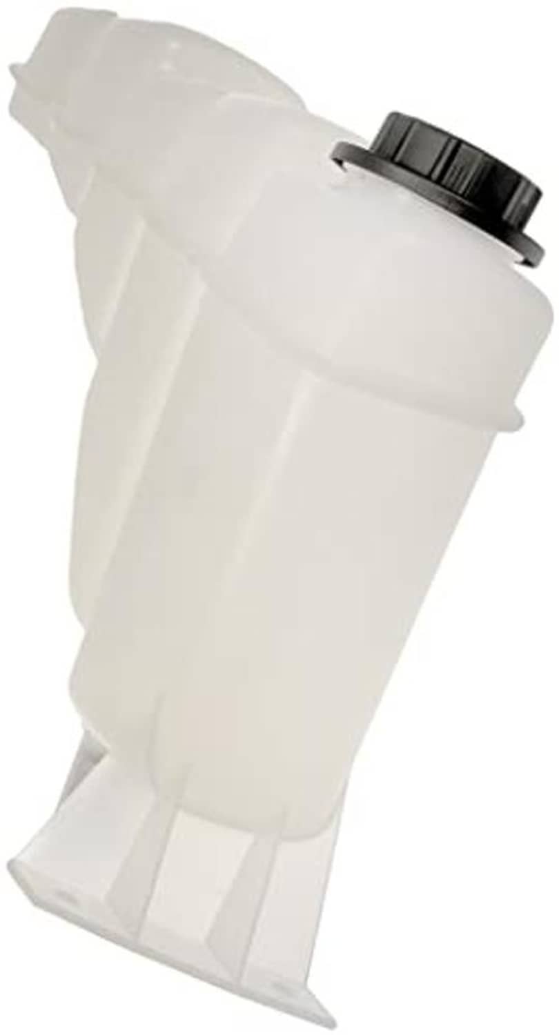 White coolant reservoir with black cap and mounting tabs