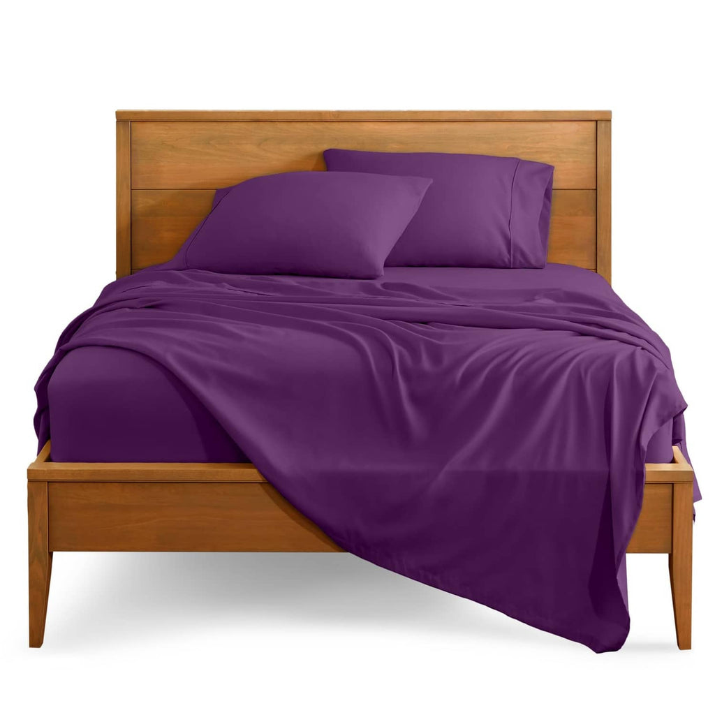 Plum twin bed sheet set with fitted sheet, flat sheet, and two pillowcases