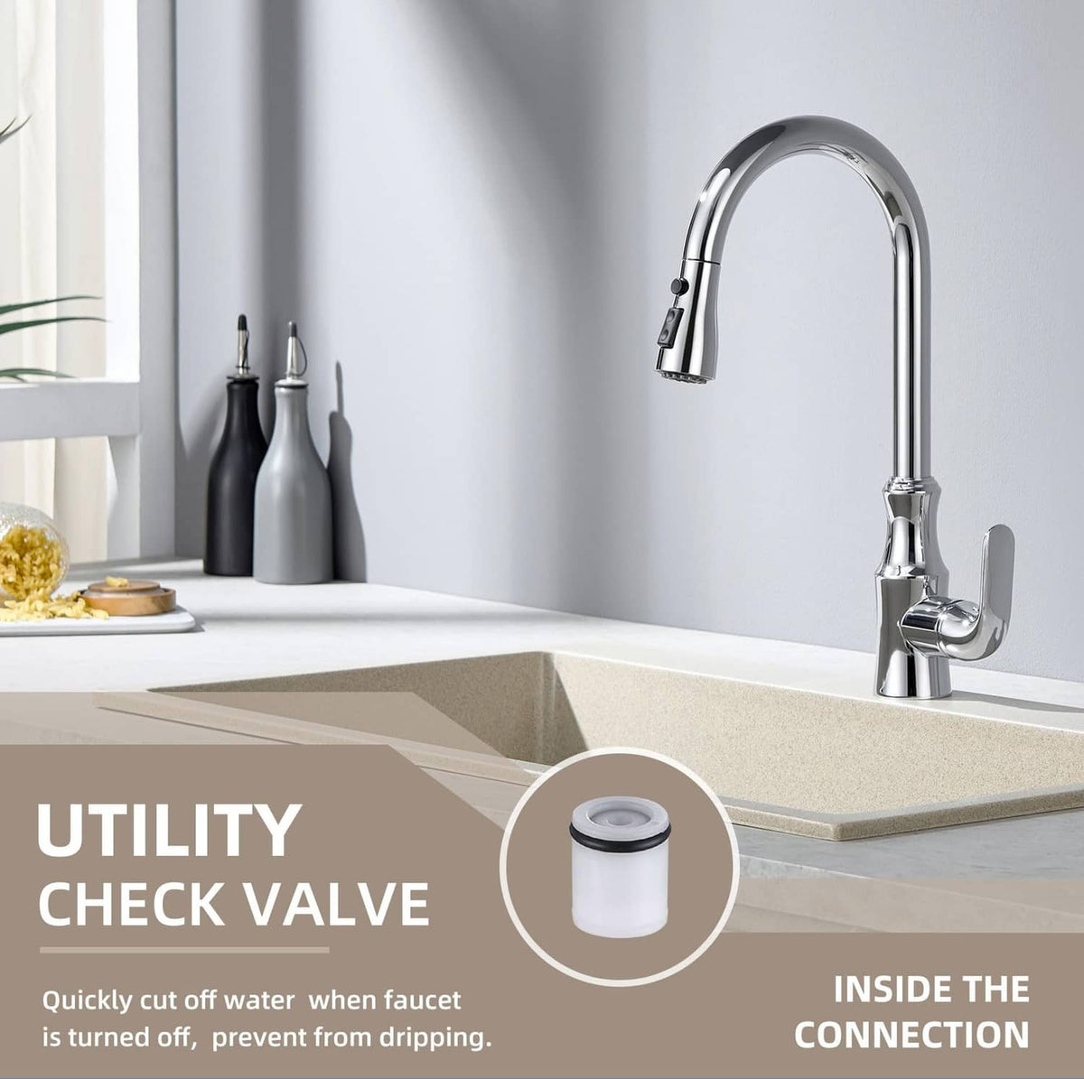 Chrome gooseneck sink faucet with handheld sprayer head