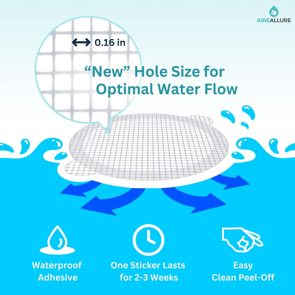 White mesh hair catcher sticker with shown small hole size and water flow detail