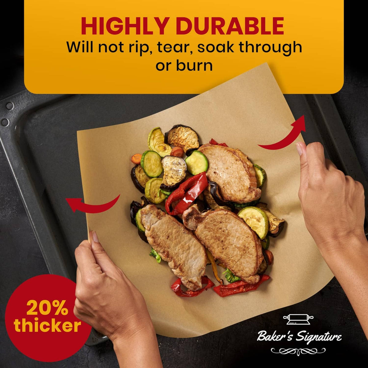 Natural brown parchment paper sheet lining a baking tray with vegetables and hands