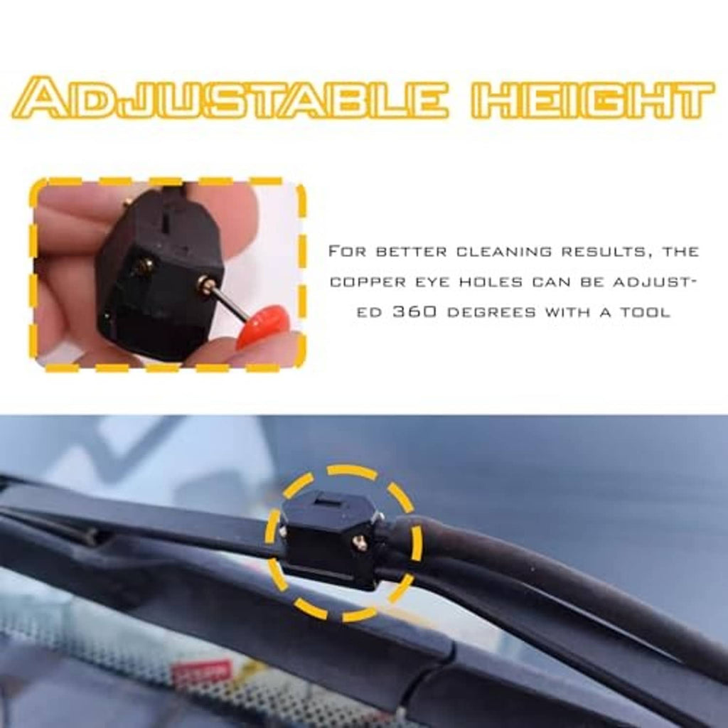 Black windshield washer nozzle shown on a windshield wiper arm, detail view