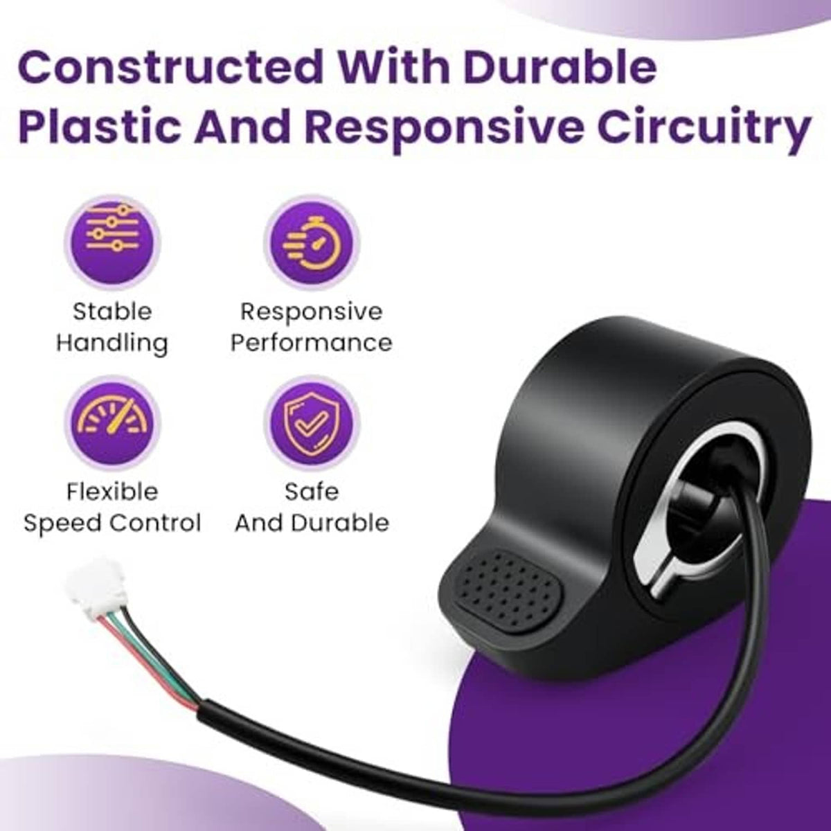 Black thumb throttle accelerator with protective cover and cable, close-up product view