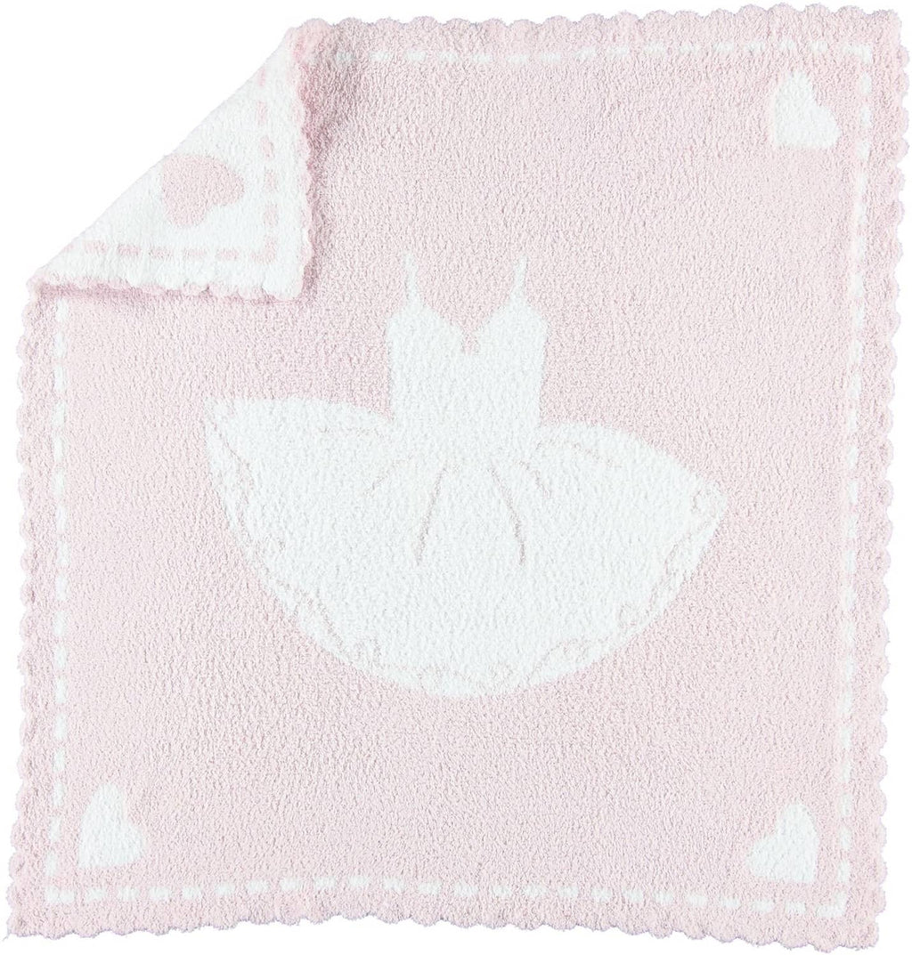 Pink and white baby blanket with lace trim and pastel heart pattern