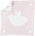 Pink and white baby blanket with lace trim and pastel heart pattern