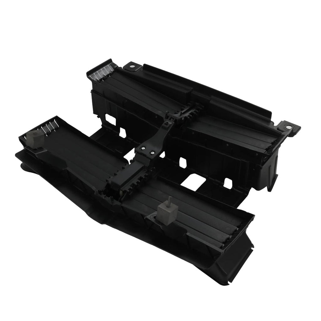 Black front radiator shutter assembly housing with mounting brackets and openings