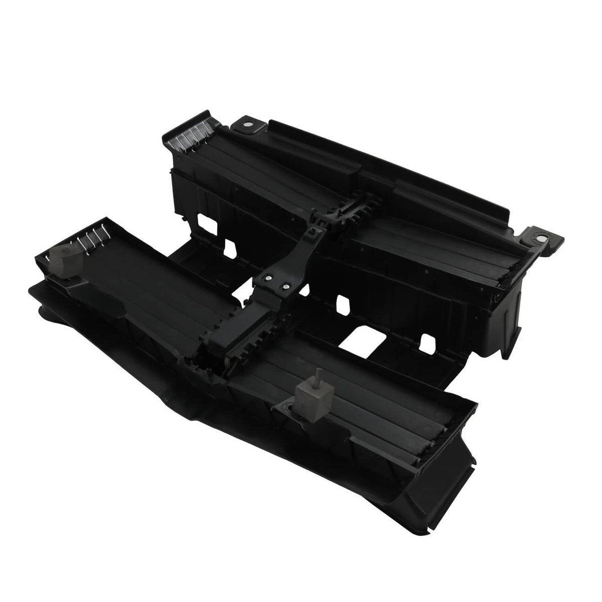 Black front radiator shutter assembly housing with mounting brackets and openings