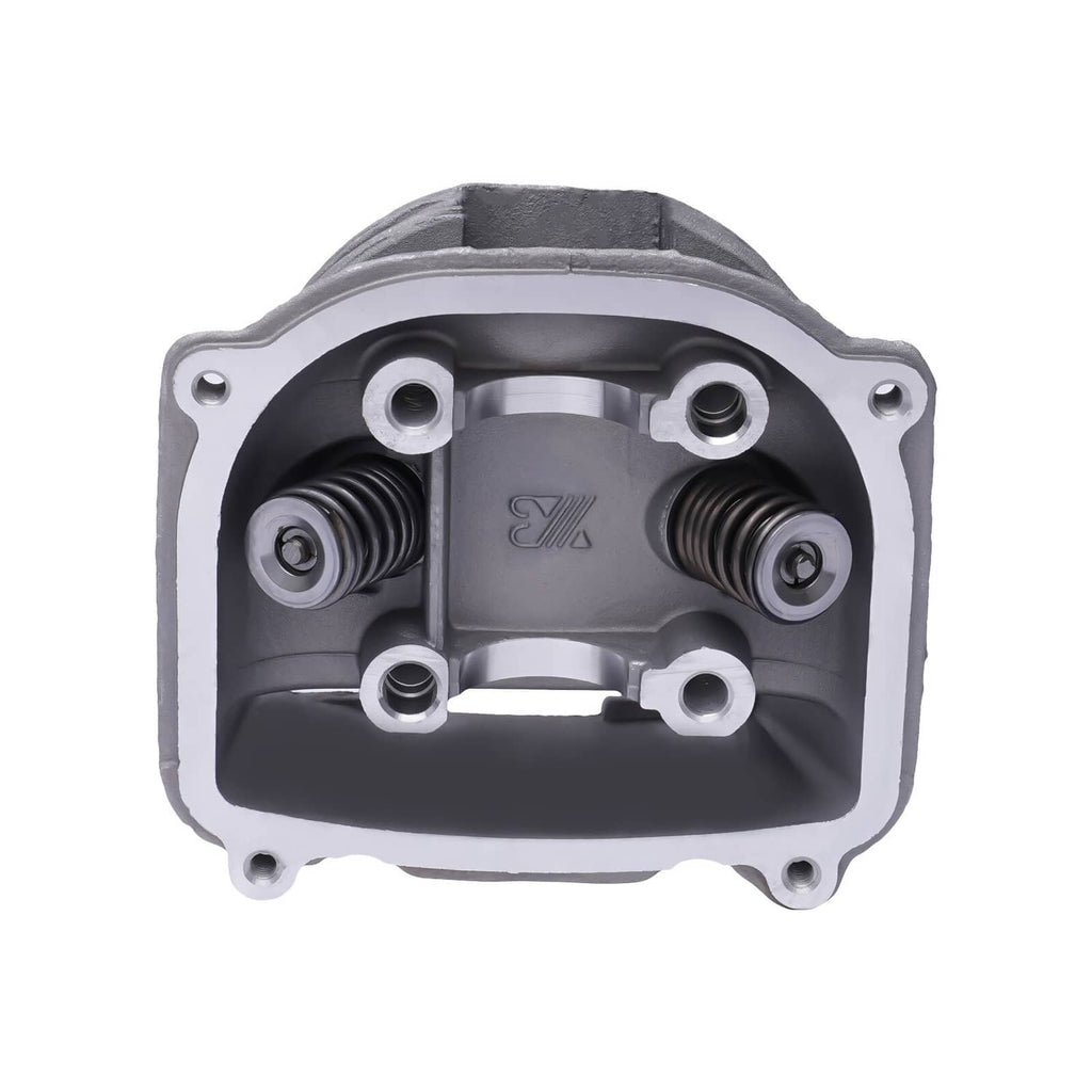 Cylinder head with two valve spring wells and circular ports on a gray metal housing