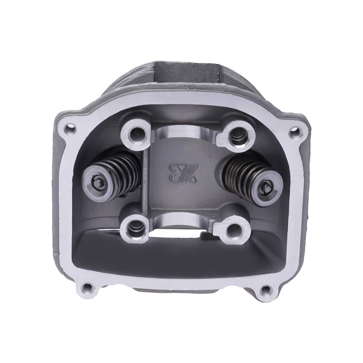 Cylinder head with two valve spring wells and circular ports on a gray metal housing