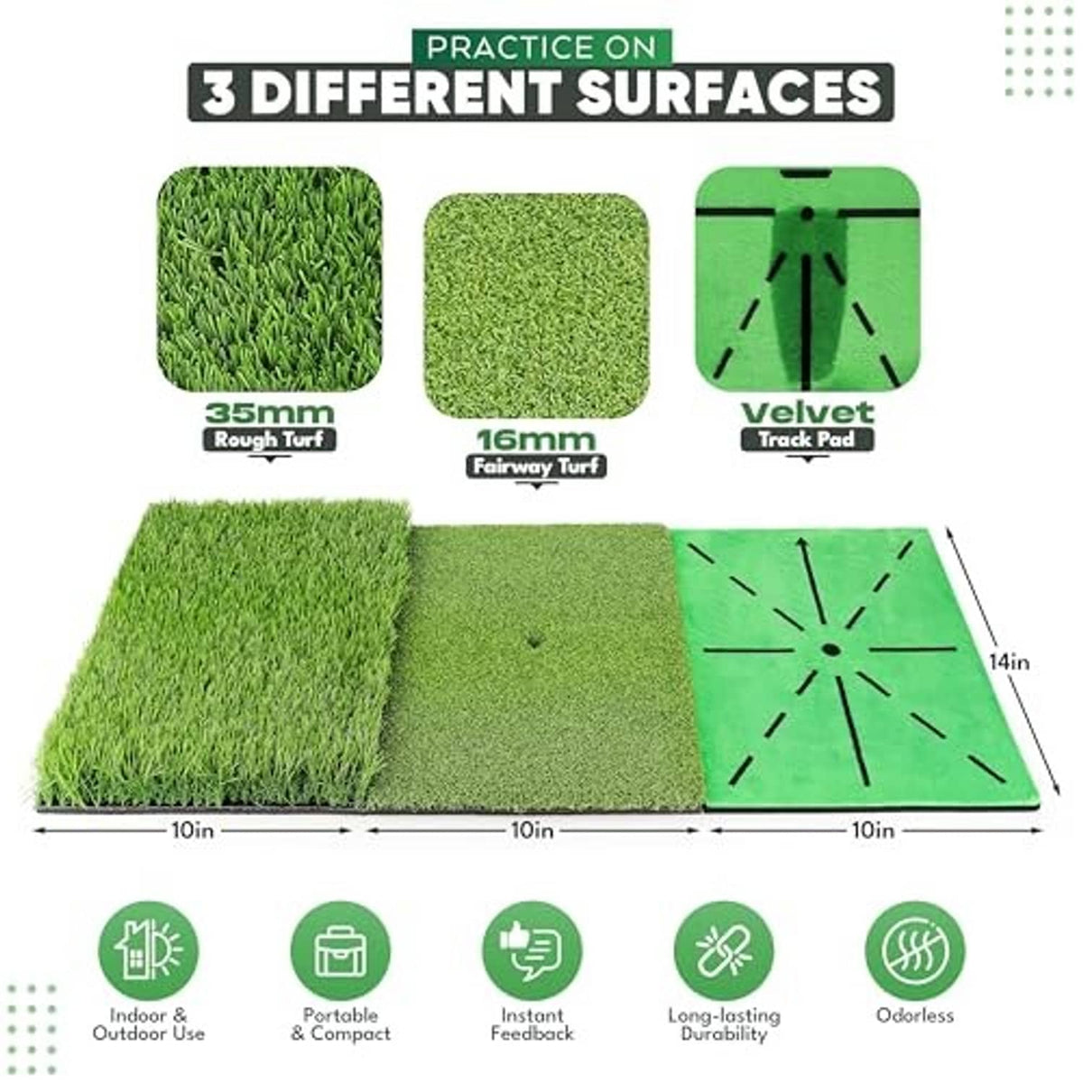 Three-surface golf practice mat with rough turf, fairway turf, and track pad section